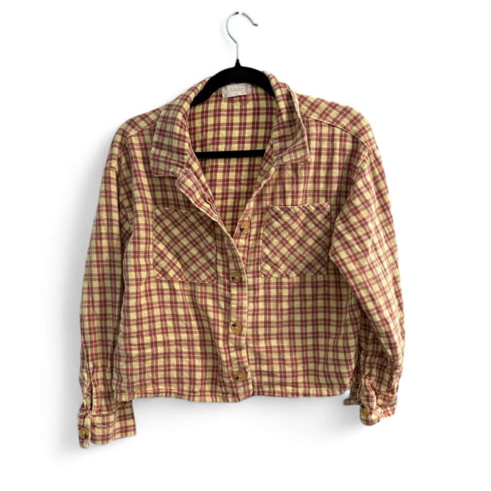 Altar'd State Cropped Flannel Shirt Yellow‎ Burgundy Plaid Cotton Small